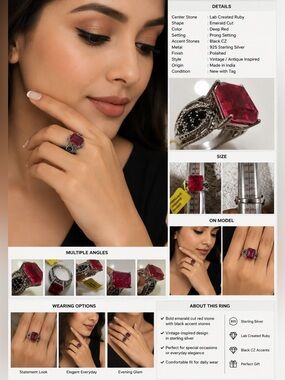 Sterling silver ring with large emerald cut red gemstone